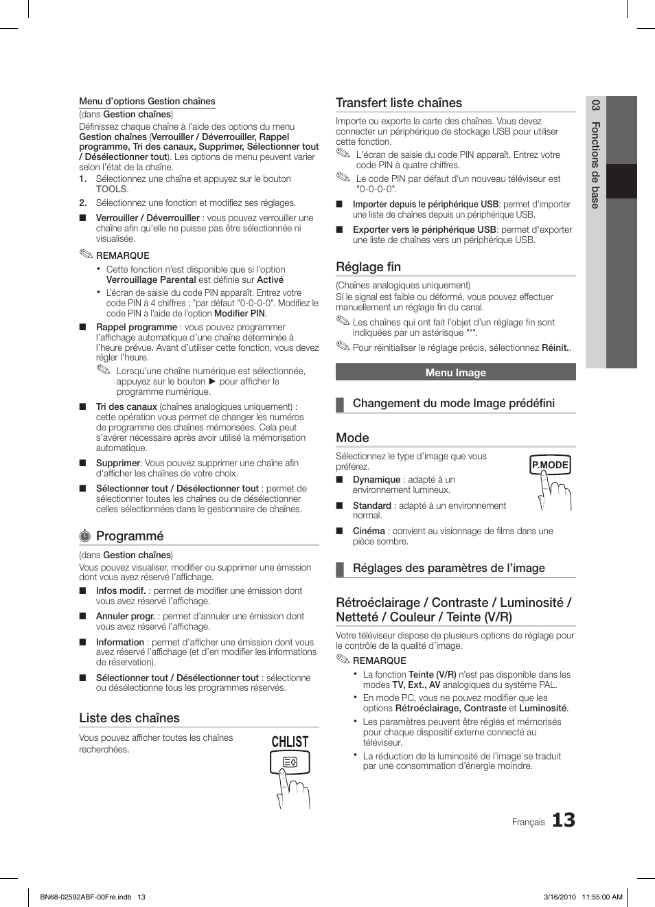 Programmé, Liste des chaînes, Transfert liste chaînes | Réglage fin, Mode | Samsung LE26C450E1W User Manual | Page 91 / 158