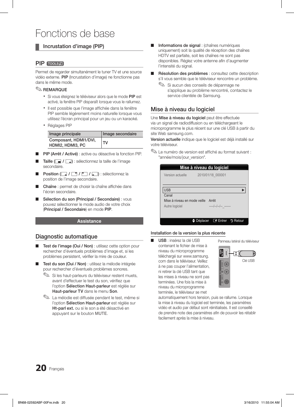 Fonctions de base, Diagnostic automatique, Mise à niveau du logiciel | Samsung LE26C450E1W User Manual | Page 98 / 158