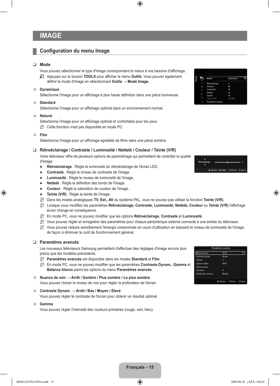 Image, Configuration du menu image, Français - 15 | Mode, Paramètres avancés | Samsung UE40B7020WW User Manual | Page 105 / 704