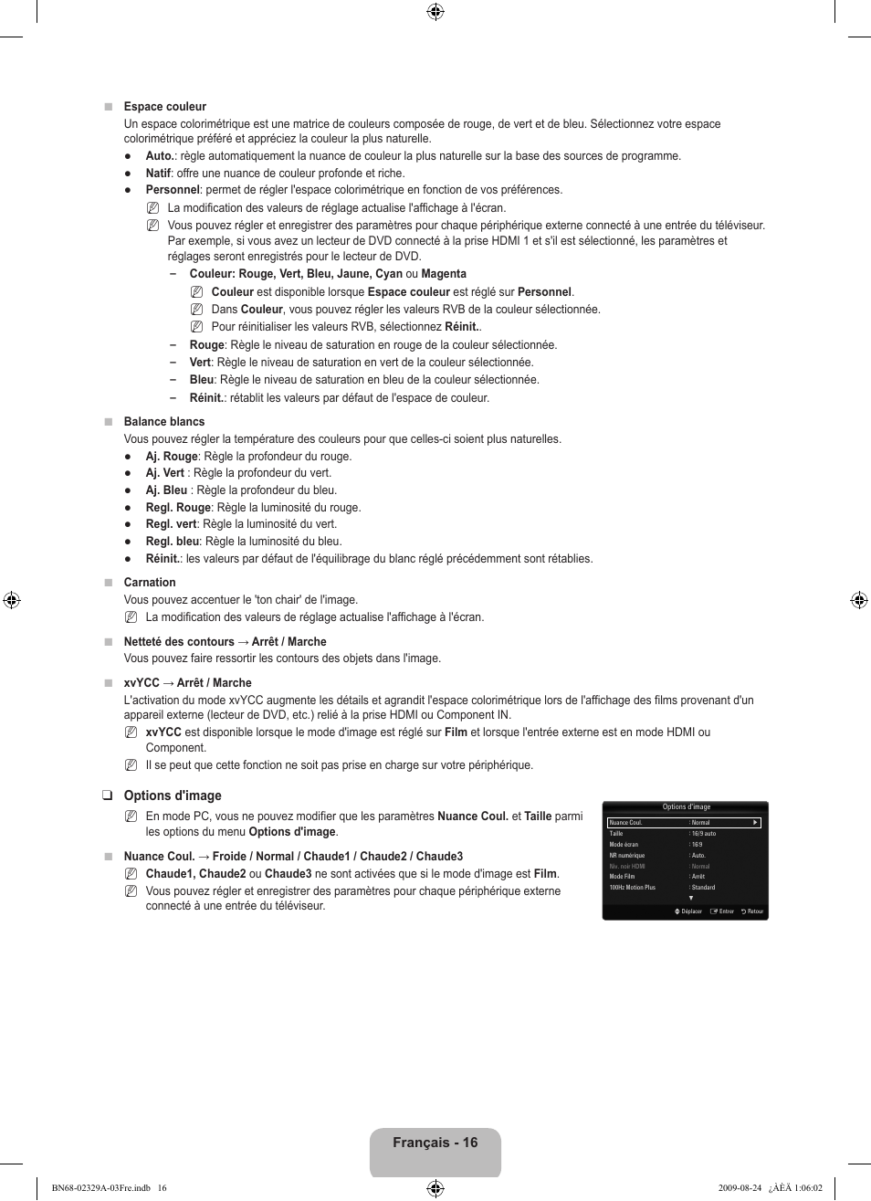 Français - 16, Options d'image | Samsung UE40B7020WW User Manual | Page 106 / 704