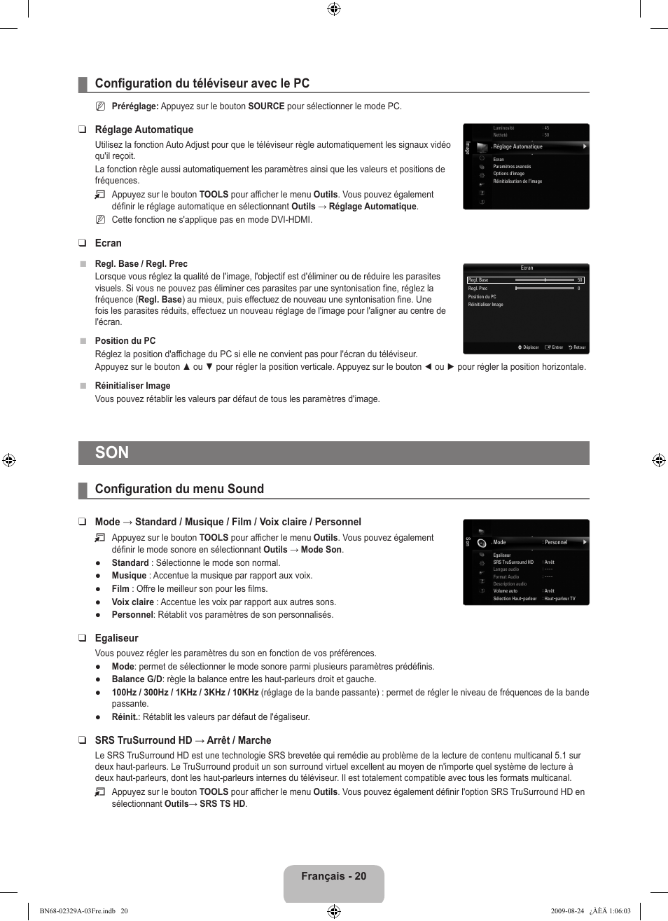 Configuration du téléviseur avec le pc, Configuration du menu sound, Français - 20 | Réglage automatique, Ecran, Egaliseur, Srs trusurround hd → arrêt / marche | Samsung UE40B7020WW User Manual | Page 110 / 704