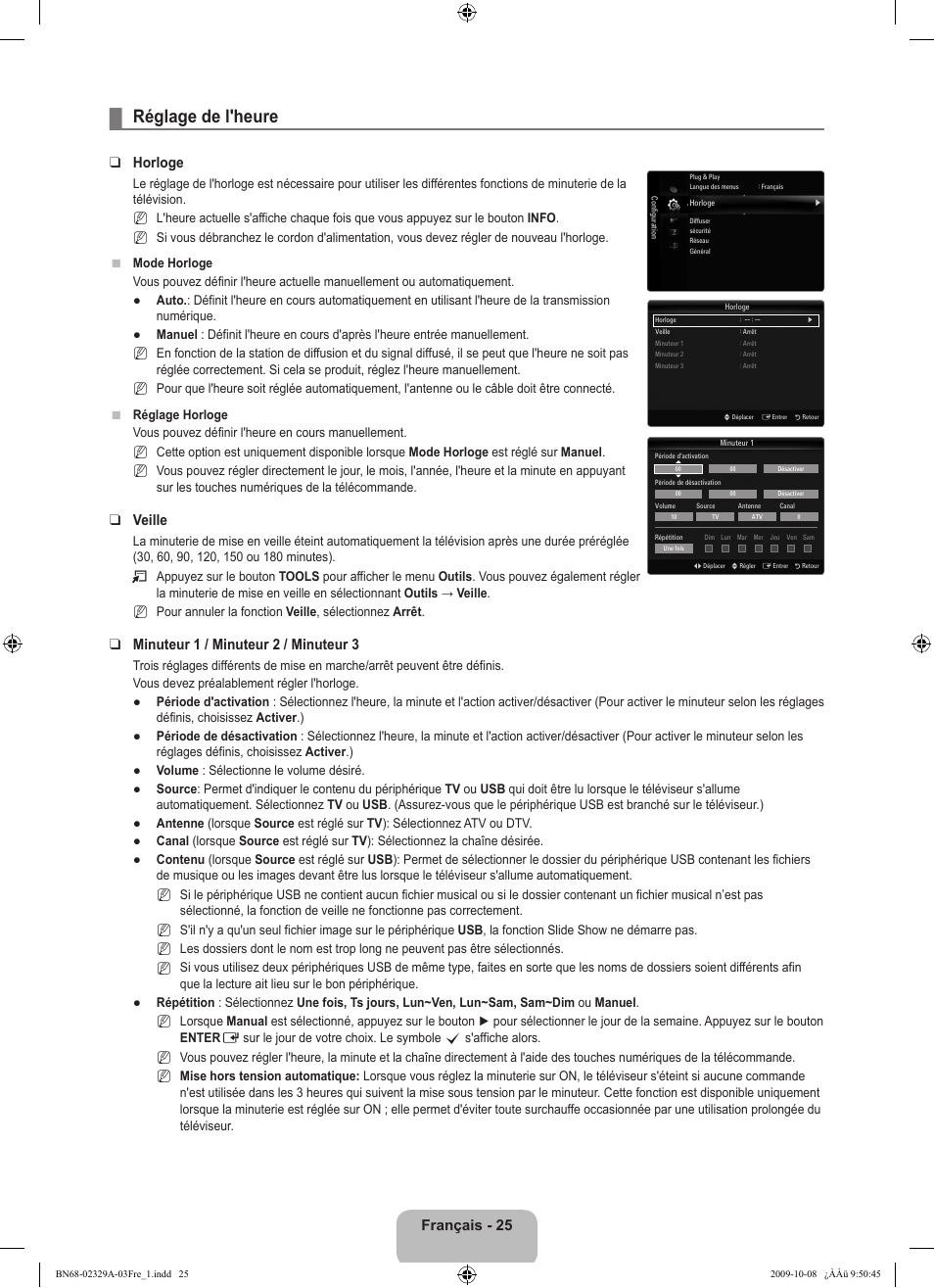 Réglage de l'heure, Français - 25, Horloge | Veille, Minuteur 1 / minuteur 2 / minuteur 3 | Samsung UE40B7020WW User Manual | Page 115 / 704