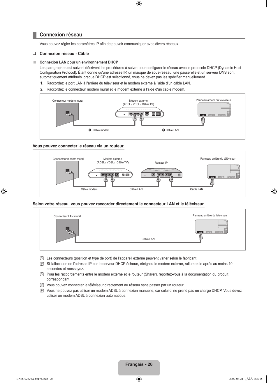 Connexion réseau | Samsung UE40B7020WW User Manual | Page 116 / 704