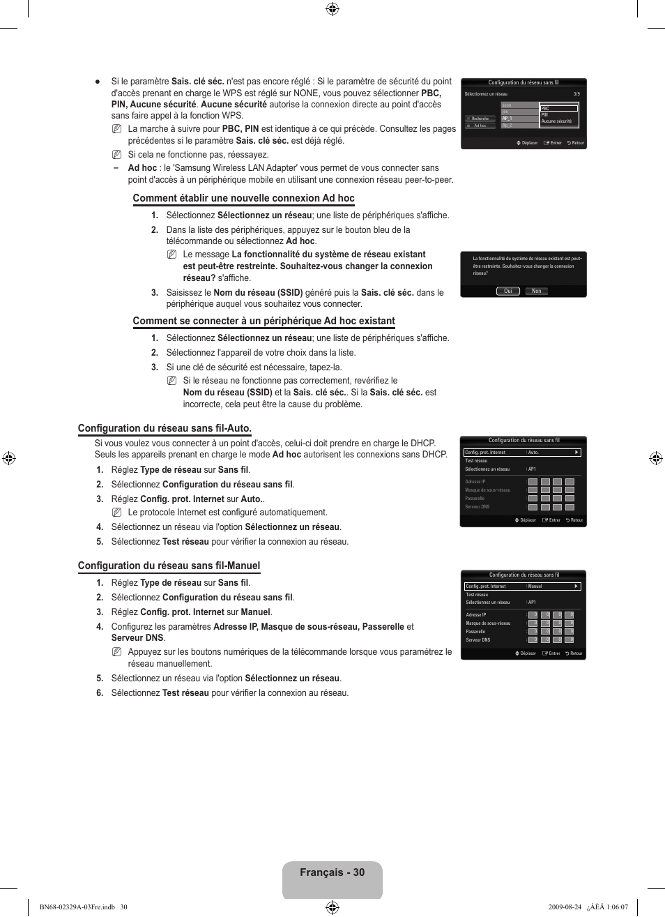 Français - 30, Comment établir une nouvelle connexion ad hoc, Configuration du réseau sans fil-auto | Configuration du réseau sans fil-manuel | Samsung UE40B7020WW User Manual | Page 120 / 704