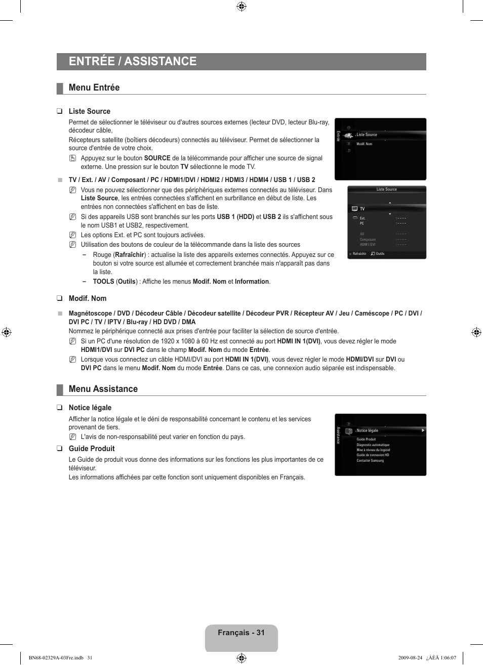 Entrée / assistance, Menu entrée, Menu assistance | Samsung UE40B7020WW User Manual | Page 121 / 704