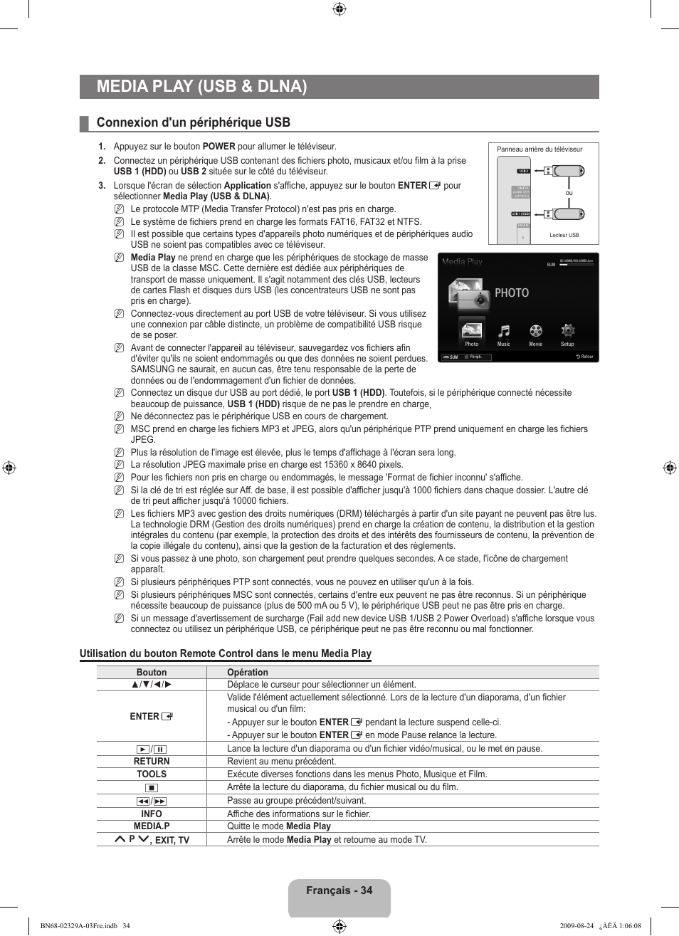 Media play (usb & dlna), Connexion d'un périphérique usb | Samsung UE40B7020WW User Manual | Page 124 / 704