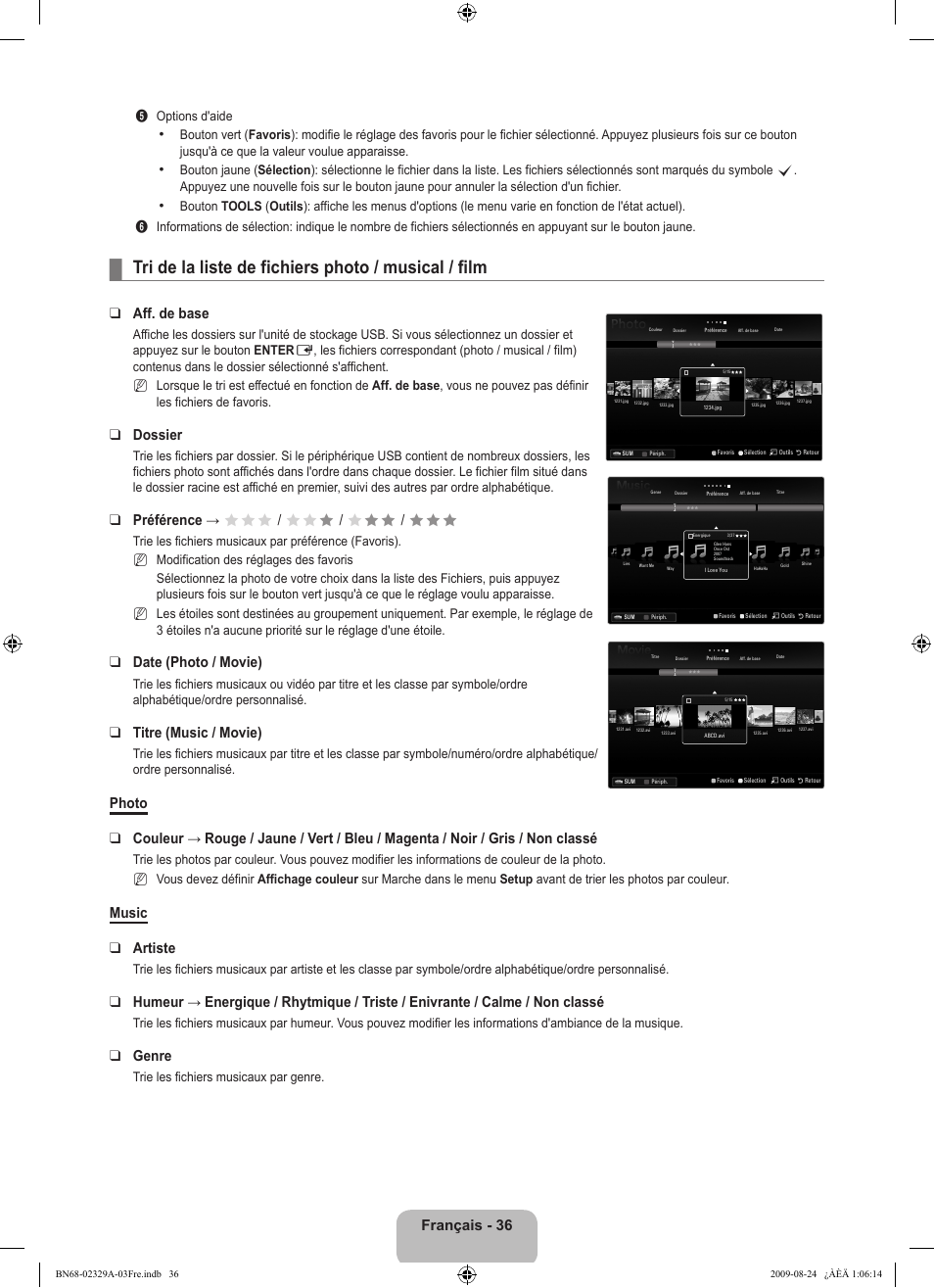 Tri de la liste de fichiers photo / musical / film, Français - 36, Aff. de base | Dossier, Préférence → fff / ff f / f ff / fff, Date (photo / movie), Titre (music / movie), Music artiste, Genre | Samsung UE40B7020WW User Manual | Page 126 / 704