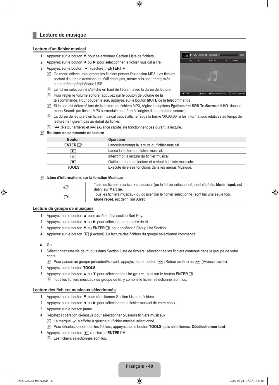 Lecture de musique | Samsung UE40B7020WW User Manual | Page 130 / 704