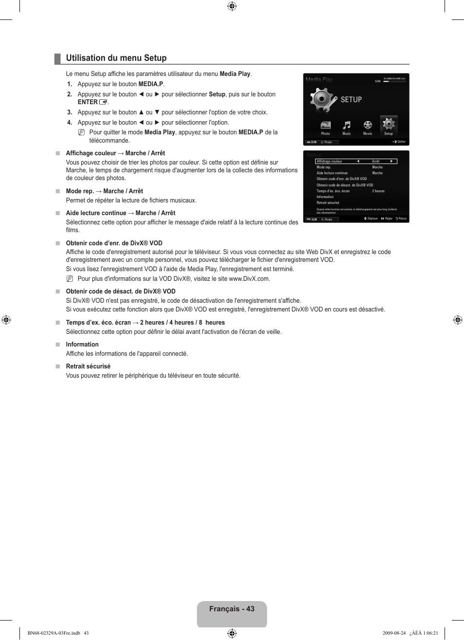 Utilisation du menu setup, Setup, Français - 43 | Samsung UE40B7020WW User Manual | Page 133 / 704