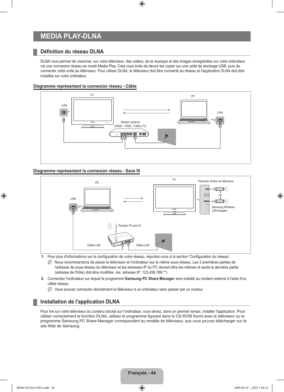 Media play-dlna, Définition du réseau dlna, Installation de l'application dlna | Samsung UE40B7020WW User Manual | Page 134 / 704