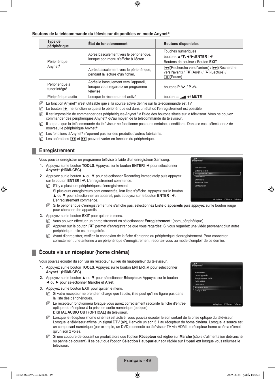 Enregistrement, Écoute via un récepteur (home cinéma) | Samsung UE40B7020WW User Manual | Page 139 / 704