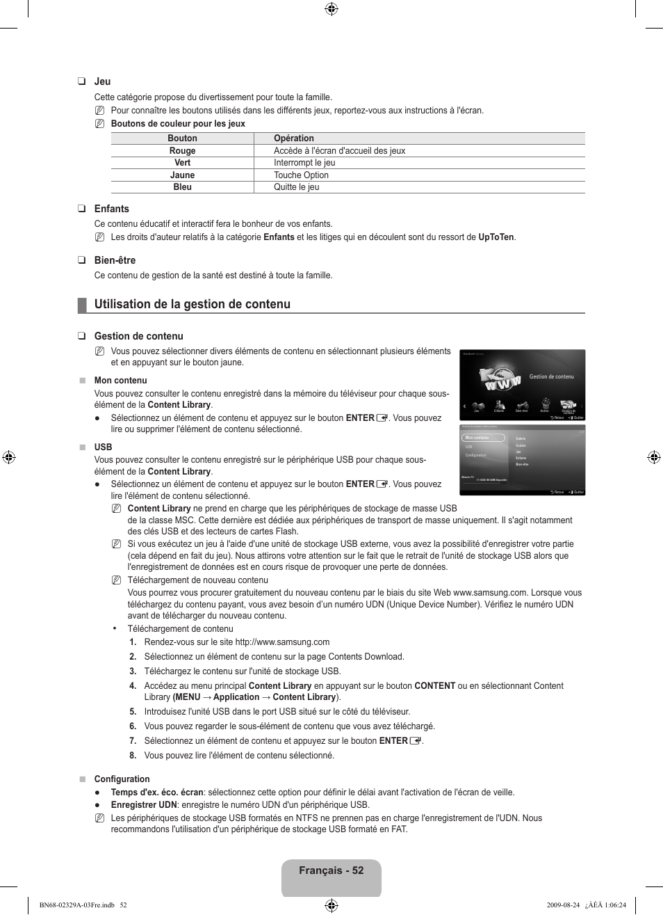 Utilisation de la gestion de contenu, Français - 52 jeu, Enfants | Bien-être, Gestion de contenu | Samsung UE40B7020WW User Manual | Page 142 / 704