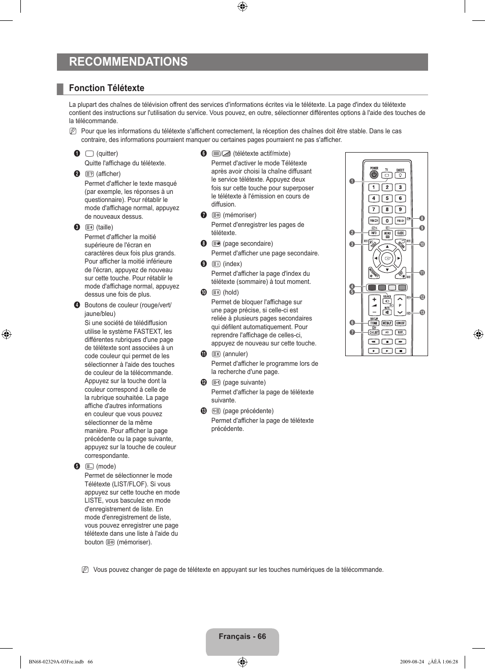 Recommendations, Fonction télétexte | Samsung UE40B7020WW User Manual | Page 156 / 704