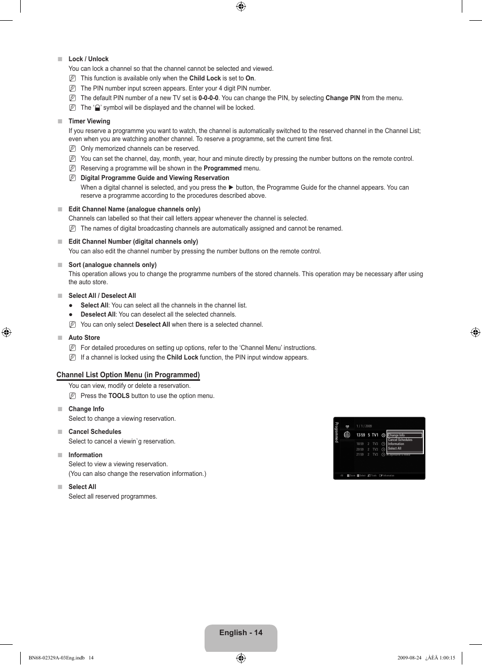 English - 14, Channel list option menu (in programmed) | Samsung UE40B7020WW User Manual | Page 16 / 704