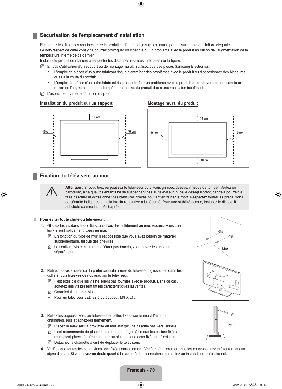 Sécurisation de l'emplacement d'installation, Fixation du téléviseur au mur | Samsung UE40B7020WW User Manual | Page 160 / 704