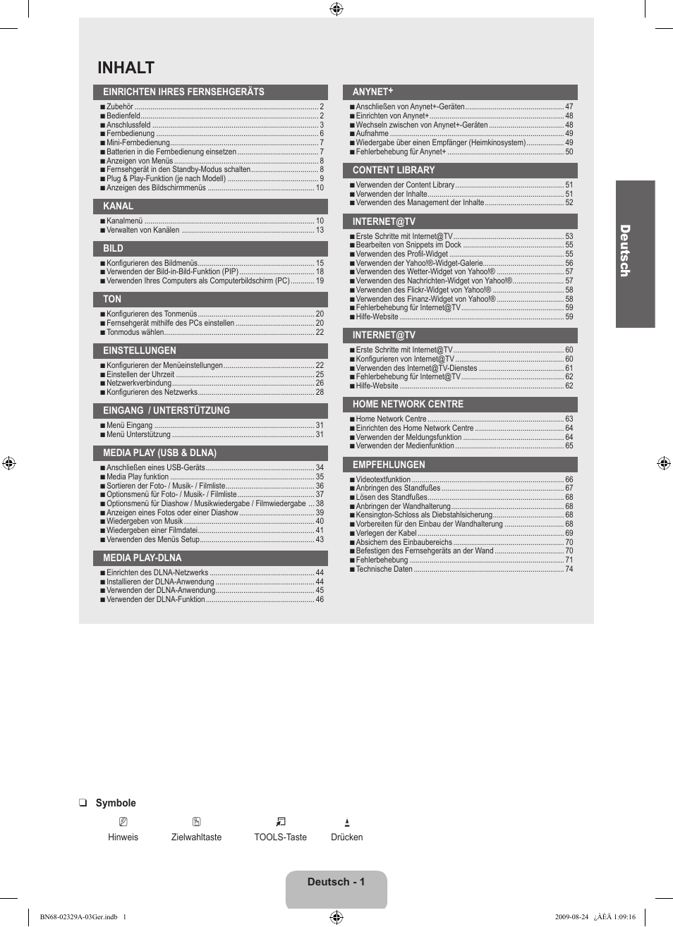 Inhalt, Deutsc h | Samsung UE40B7020WW User Manual | Page 167 / 704