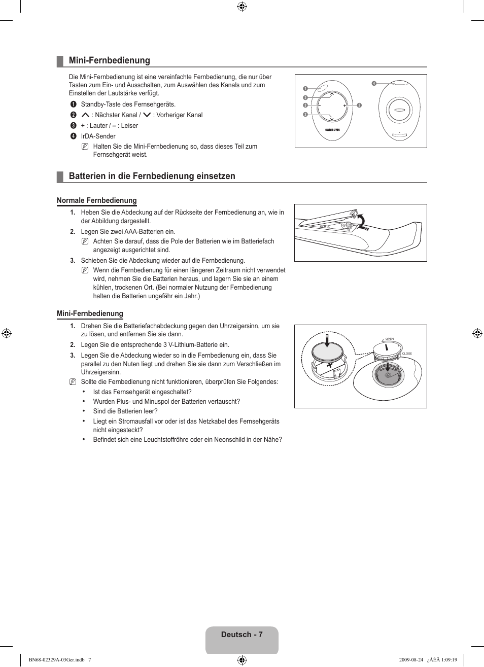 Mini-fernbedienung, Batterien in die fernbedienung einsetzen | Samsung UE40B7020WW User Manual | Page 173 / 704