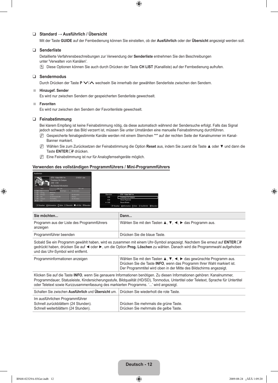 Deutsch - 12 standard → ausführlich / übersicht, Senderliste, Sendermodus | Feinabstimmung | Samsung UE40B7020WW User Manual | Page 178 / 704
