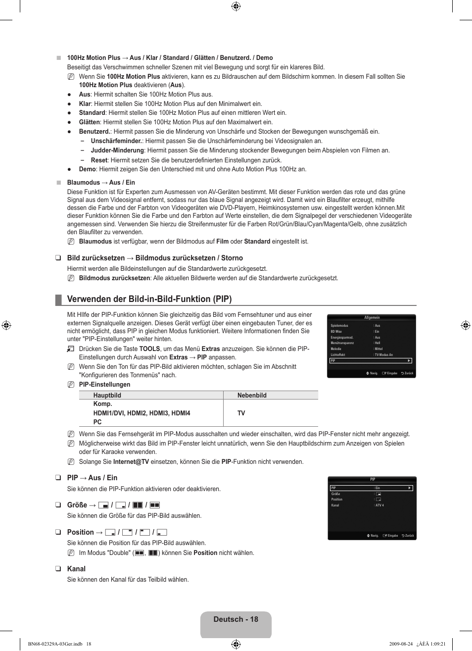 Verwenden der bild-in-bild-funktion (pip), Deutsch - 1, Pip → aus / ein | Größe → х / г / а / œ, Position → ã / – / — / œ, Kanal | Samsung UE40B7020WW User Manual | Page 184 / 704