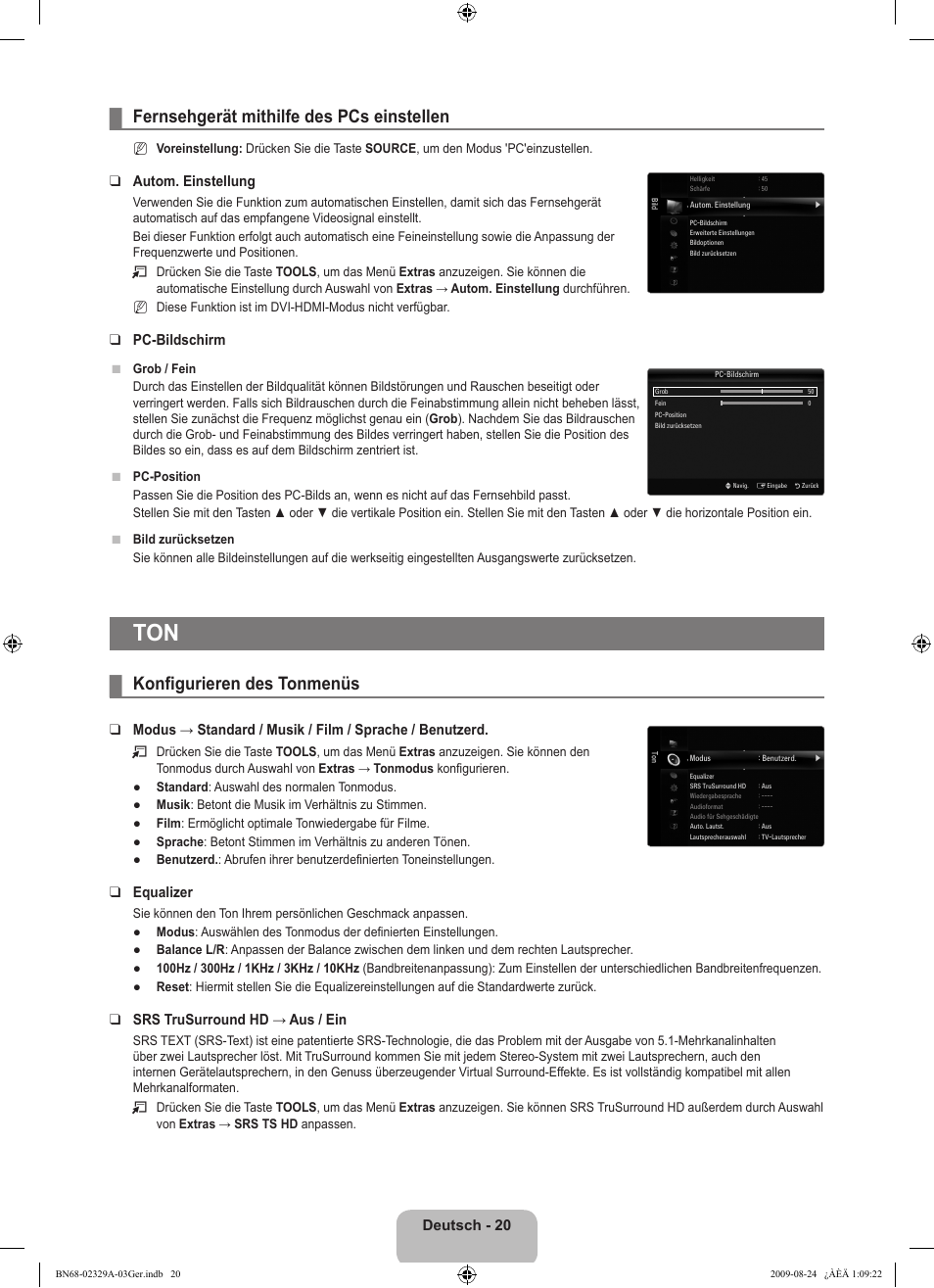 Fernsehgerät mithilfe des pcs einstellen, Konfigurieren des tonmenüs, Deutsch - 20 | Autom. einstellung, Pc-bildschirm, Equalizer, Srs trusurround hd → aus / ein | Samsung UE40B7020WW User Manual | Page 186 / 704