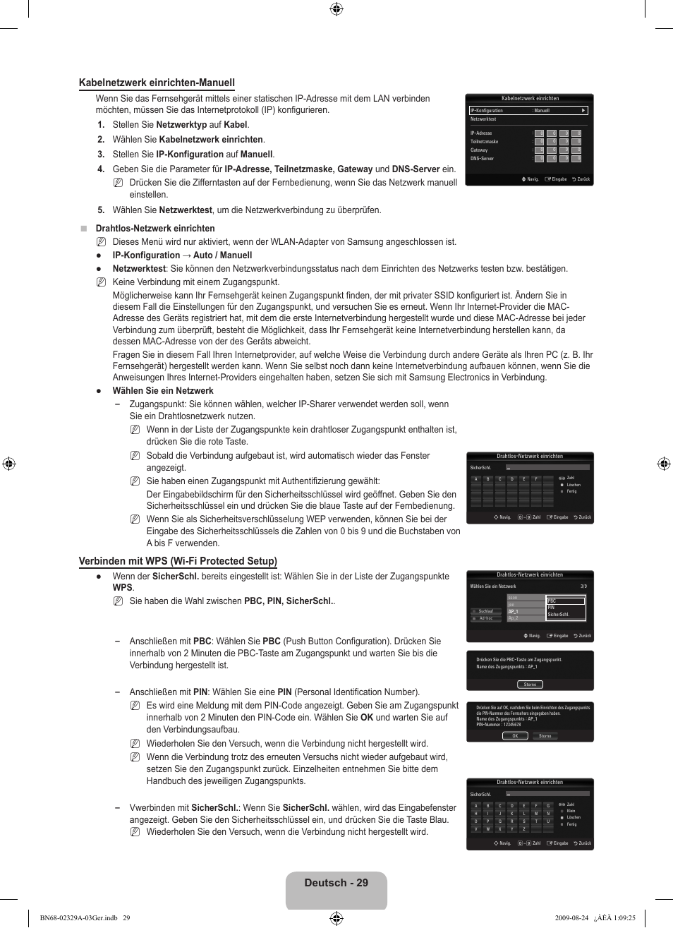 Deutsch - 2 kabelnetzwerk einrichten-manuell, Verbinden mit wps (wi-fi protected setup) | Samsung UE40B7020WW User Manual | Page 195 / 704