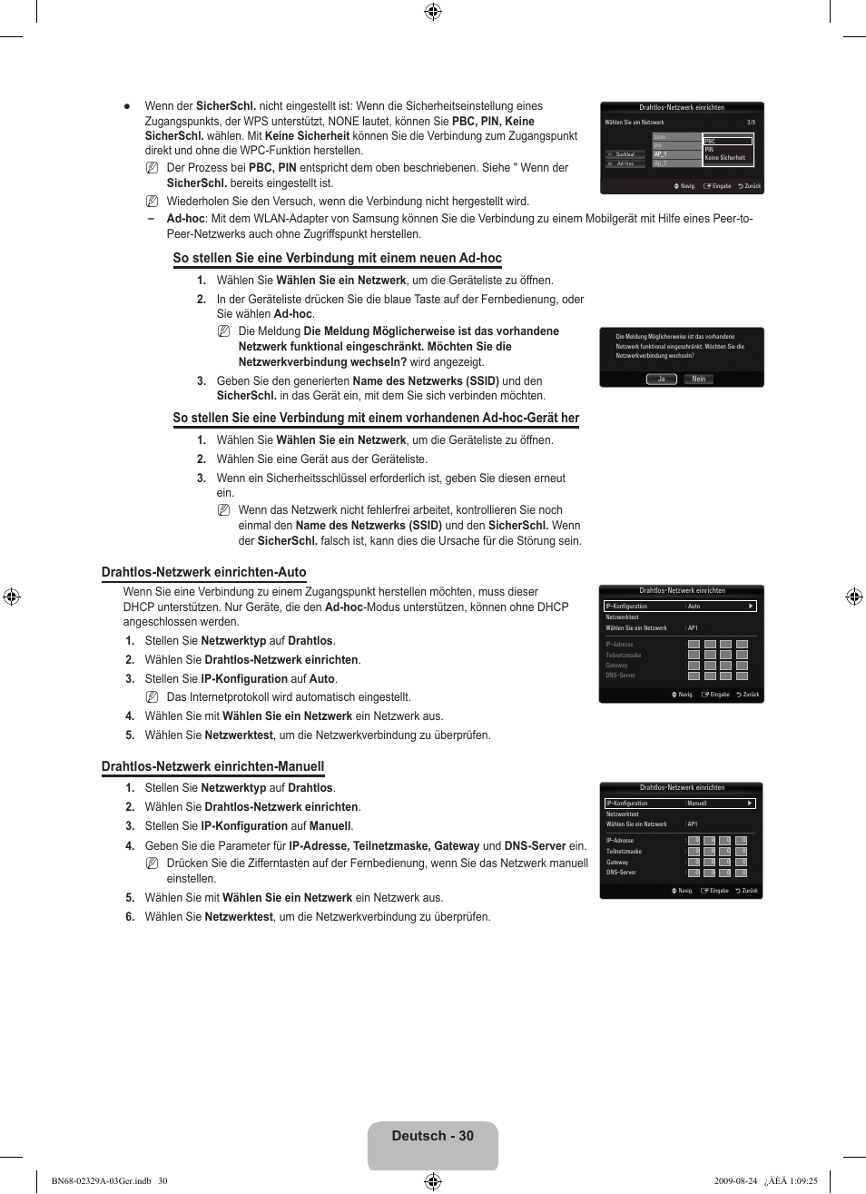 Deutsch - 30, Drahtlos-netzwerk einrichten-auto, Drahtlos-netzwerk einrichten-manuell | Samsung UE40B7020WW User Manual | Page 196 / 704