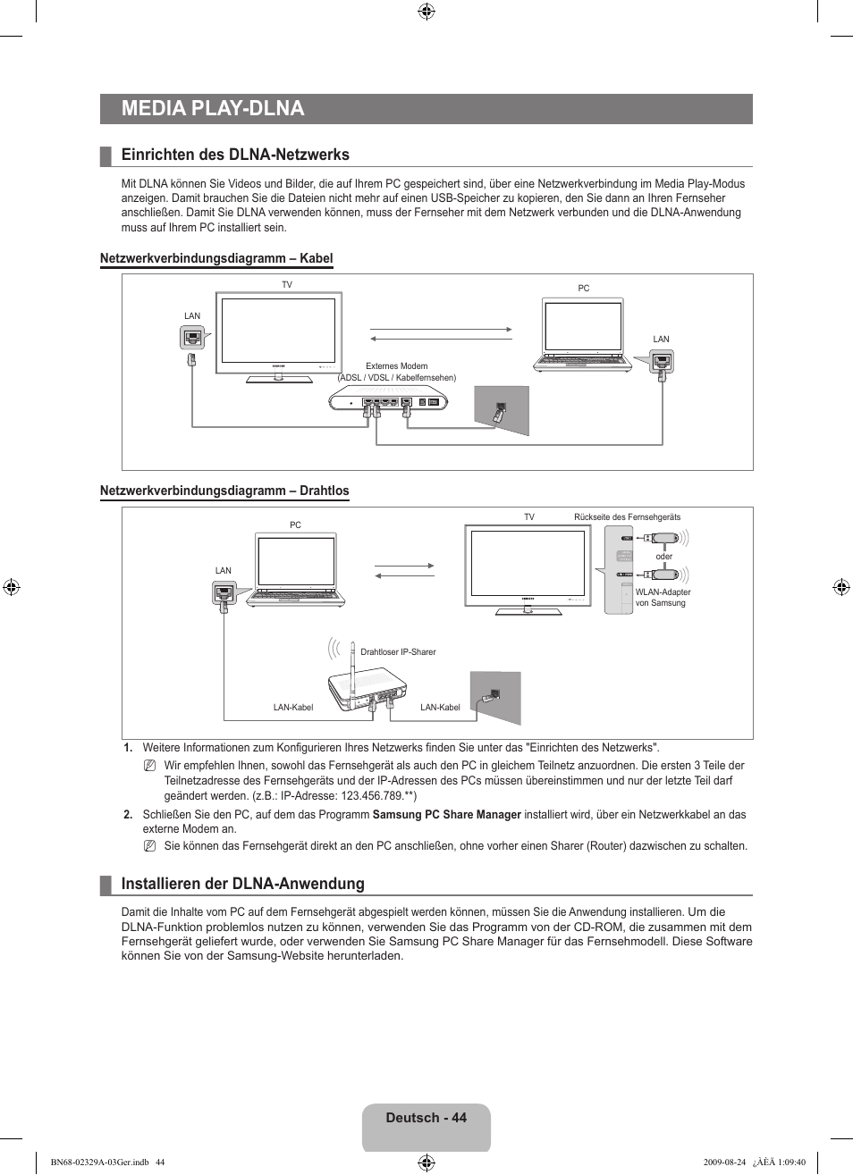 Media play-dlna, Einrichten des dlna-netzwerks, Installieren der dlna-anwendung | Samsung UE40B7020WW User Manual | Page 210 / 704