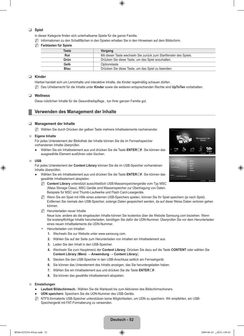 Verwenden des management der inhalte, Deutsch - 52 spiel, Kinder | Wellness, Management der inhalte | Samsung UE40B7020WW User Manual | Page 218 / 704