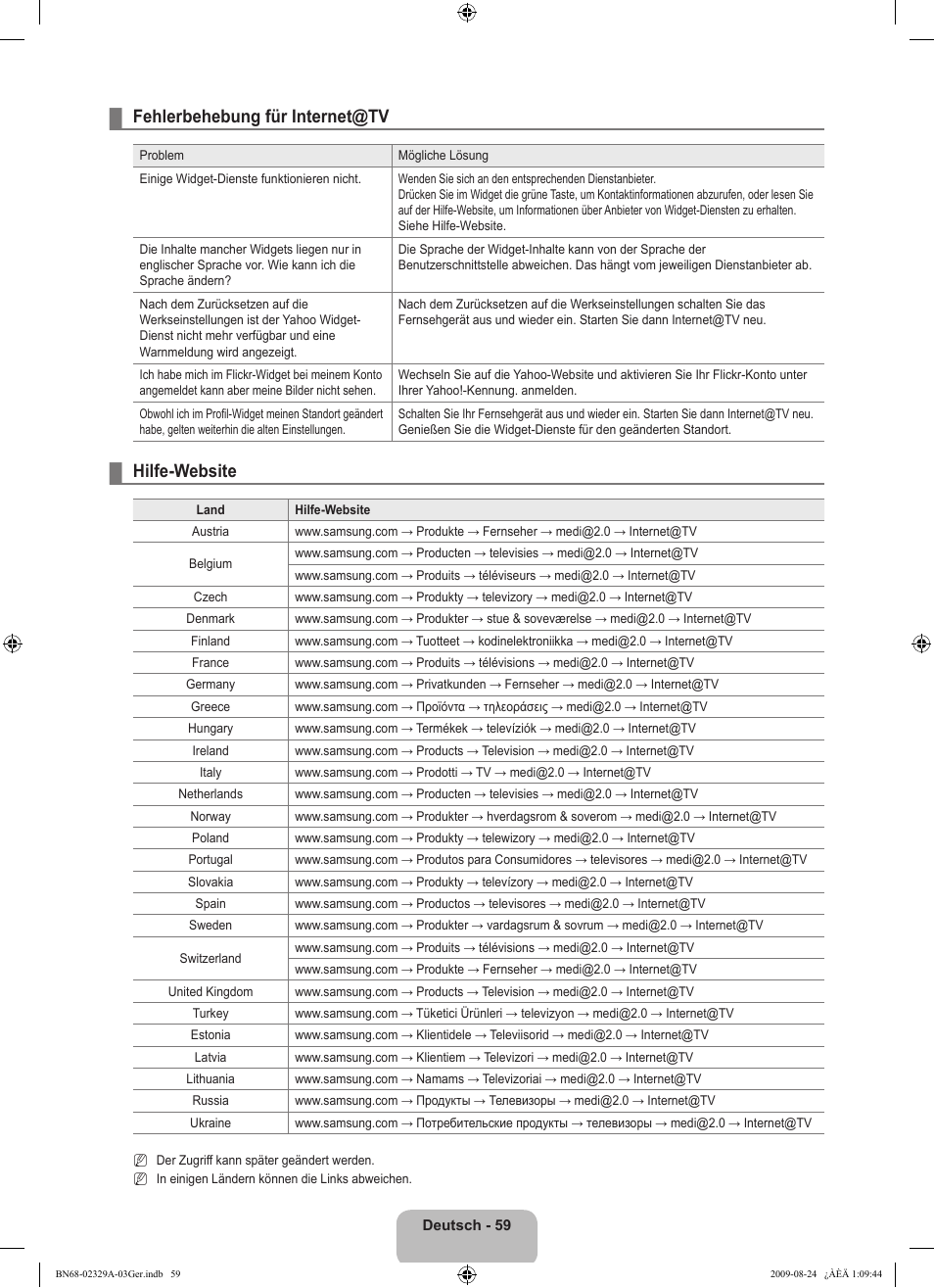 Fehlerbehebung für internet@tv, Hilfe-website | Samsung UE40B7020WW User Manual | Page 225 / 704