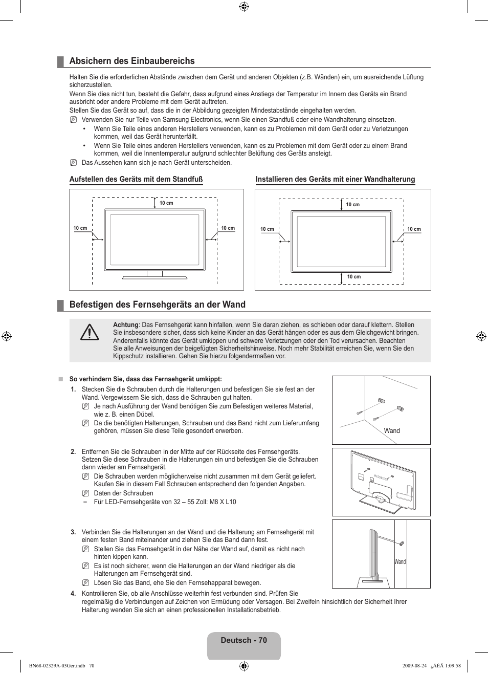 Absichern des einbaubereichs, Befestigen des fernsehgeräts an der wand | Samsung UE40B7020WW User Manual | Page 236 / 704