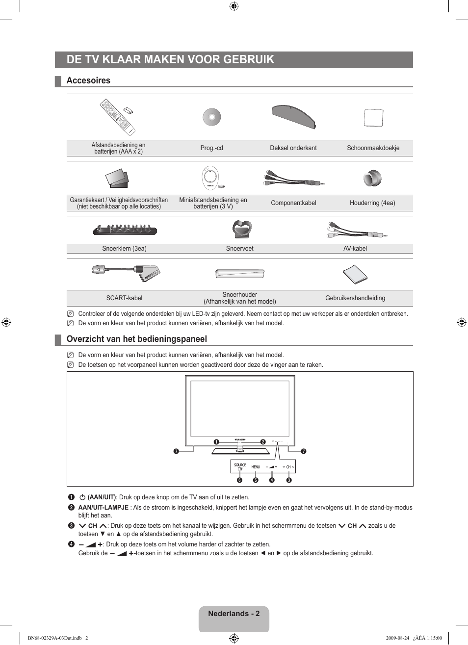 De tv klaar maken voor gebruik, Accesoires, Overzicht van het bedieningspaneel | Samsung UE40B7020WW User Manual | Page 244 / 704