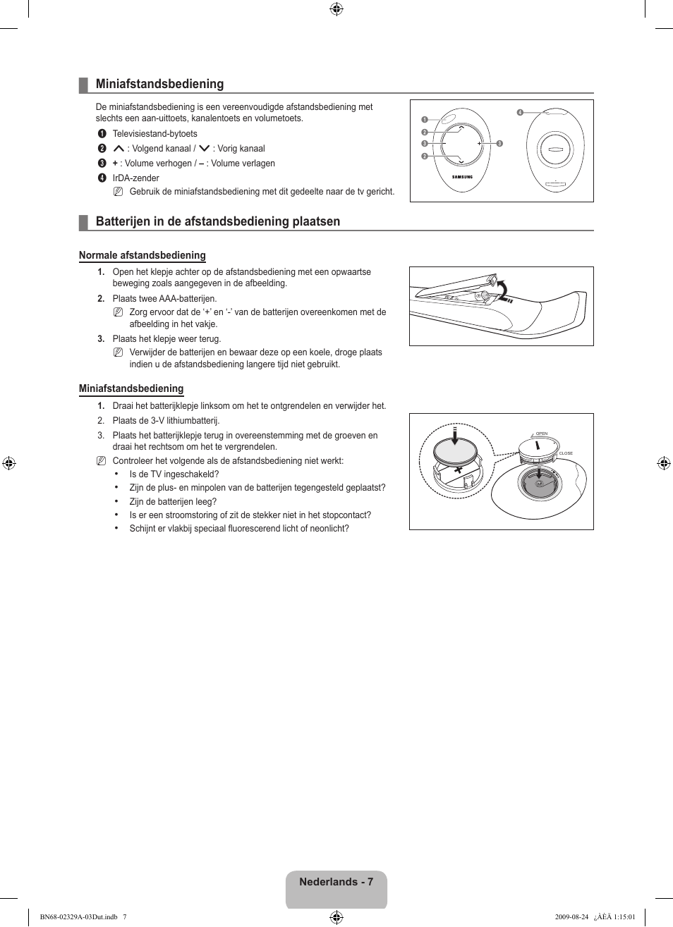 Miniafstandsbediening, Batterijen in de afstandsbediening plaatsen | Samsung UE40B7020WW User Manual | Page 249 / 704