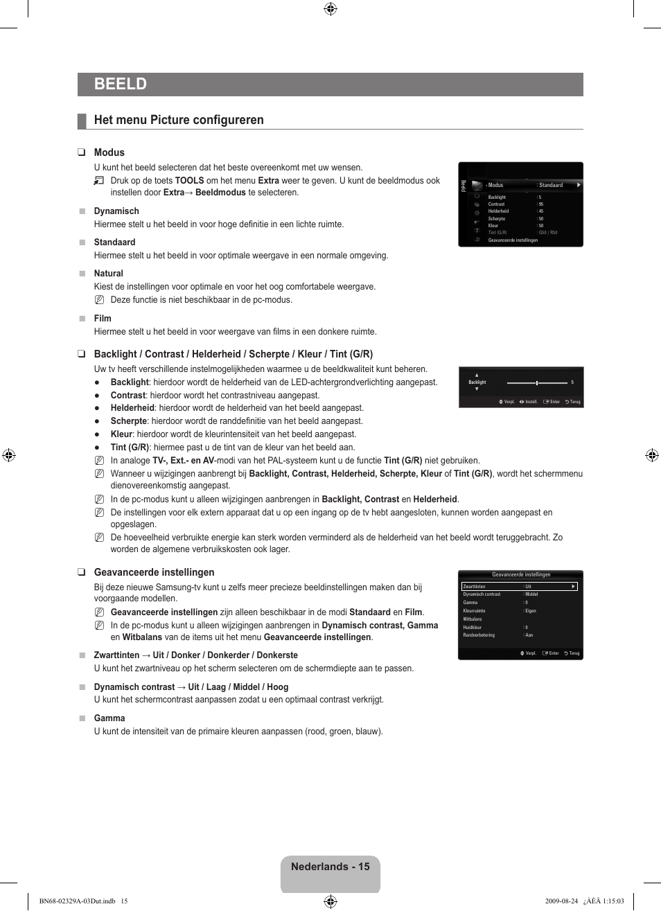 Beeld, Het menu picture configureren, Nederlands - 15 | Modus, Geavanceerde instellingen | Samsung UE40B7020WW User Manual | Page 257 / 704