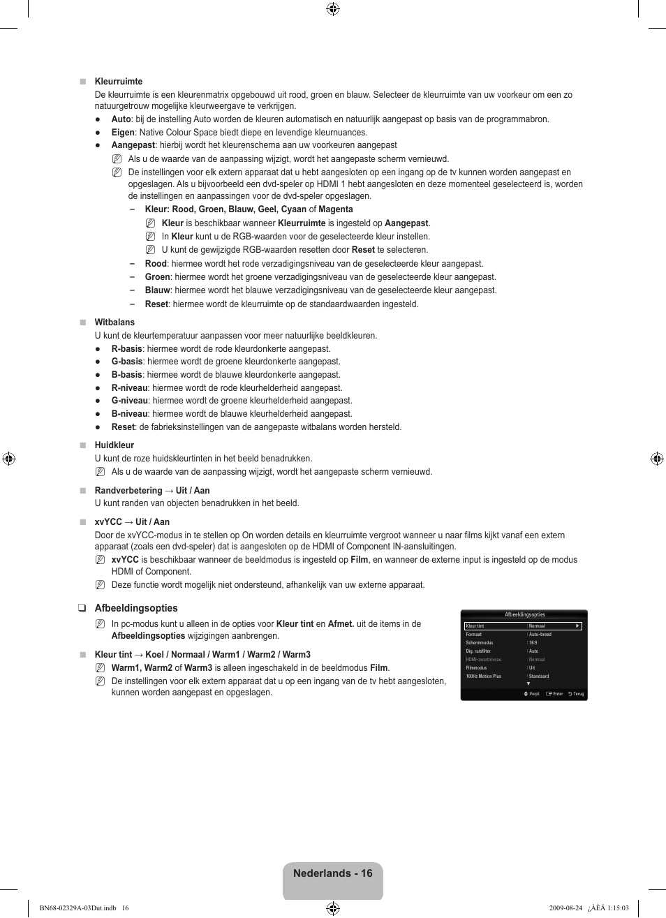 Nederlands - 16, Afbeeldingsopties | Samsung UE40B7020WW User Manual | Page 258 / 704