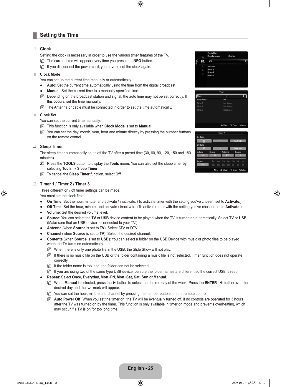 Setting the time, English - 25, Clock | Sleep timer, Timer 1 / timer 2 / timer 3 | Samsung UE40B7020WW User Manual | Page 27 / 704