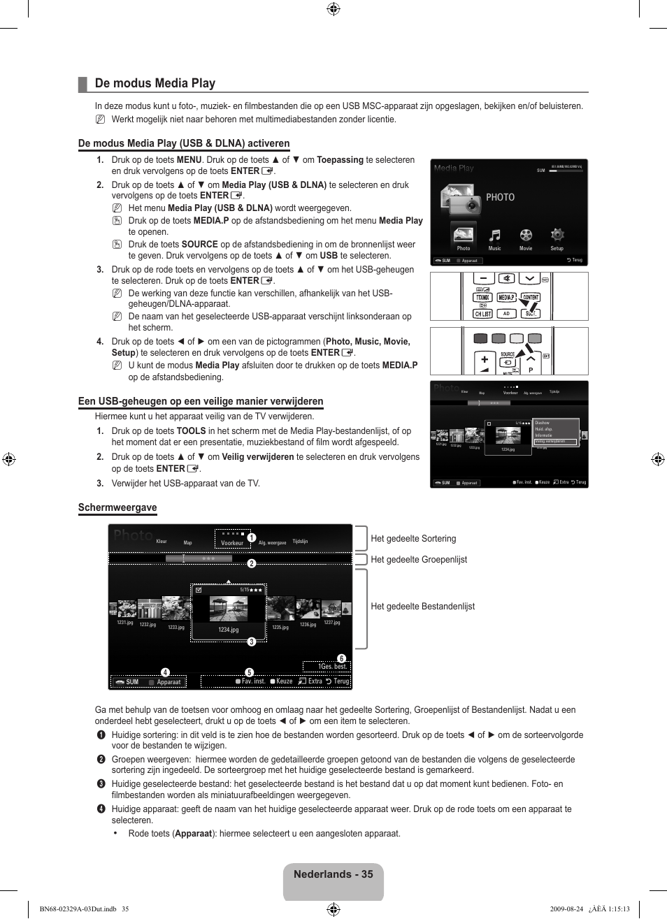 De modus media play, Nederlands - 35, De modus media play (usb & dlna) activeren | Een usb-geheugen op een veilige manier verwijderen, Schermweergave | Samsung UE40B7020WW User Manual | Page 277 / 704