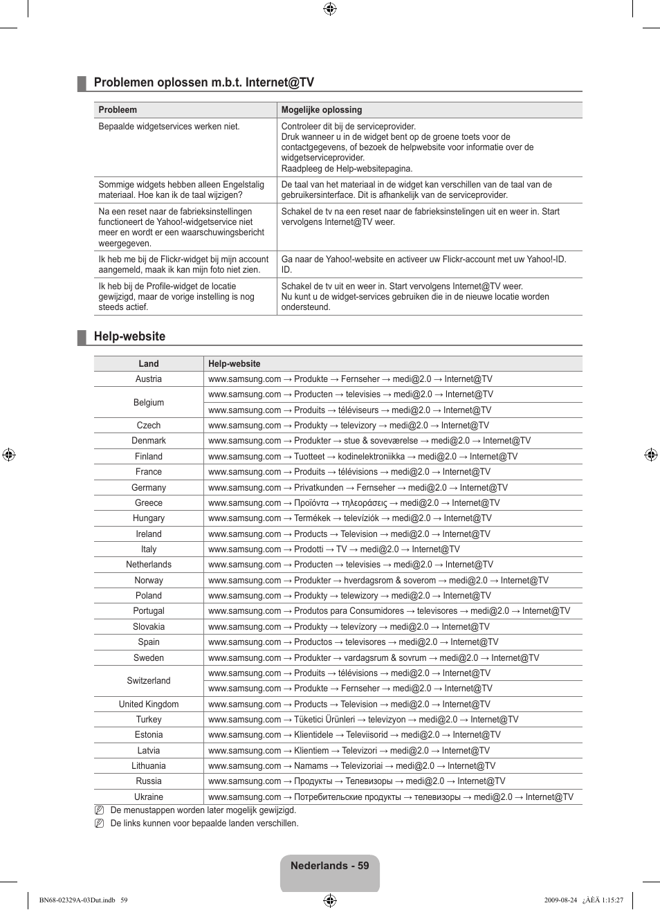 Problemen oplossen m.b.t. internet@tv, Help-website | Samsung UE40B7020WW User Manual | Page 301 / 704