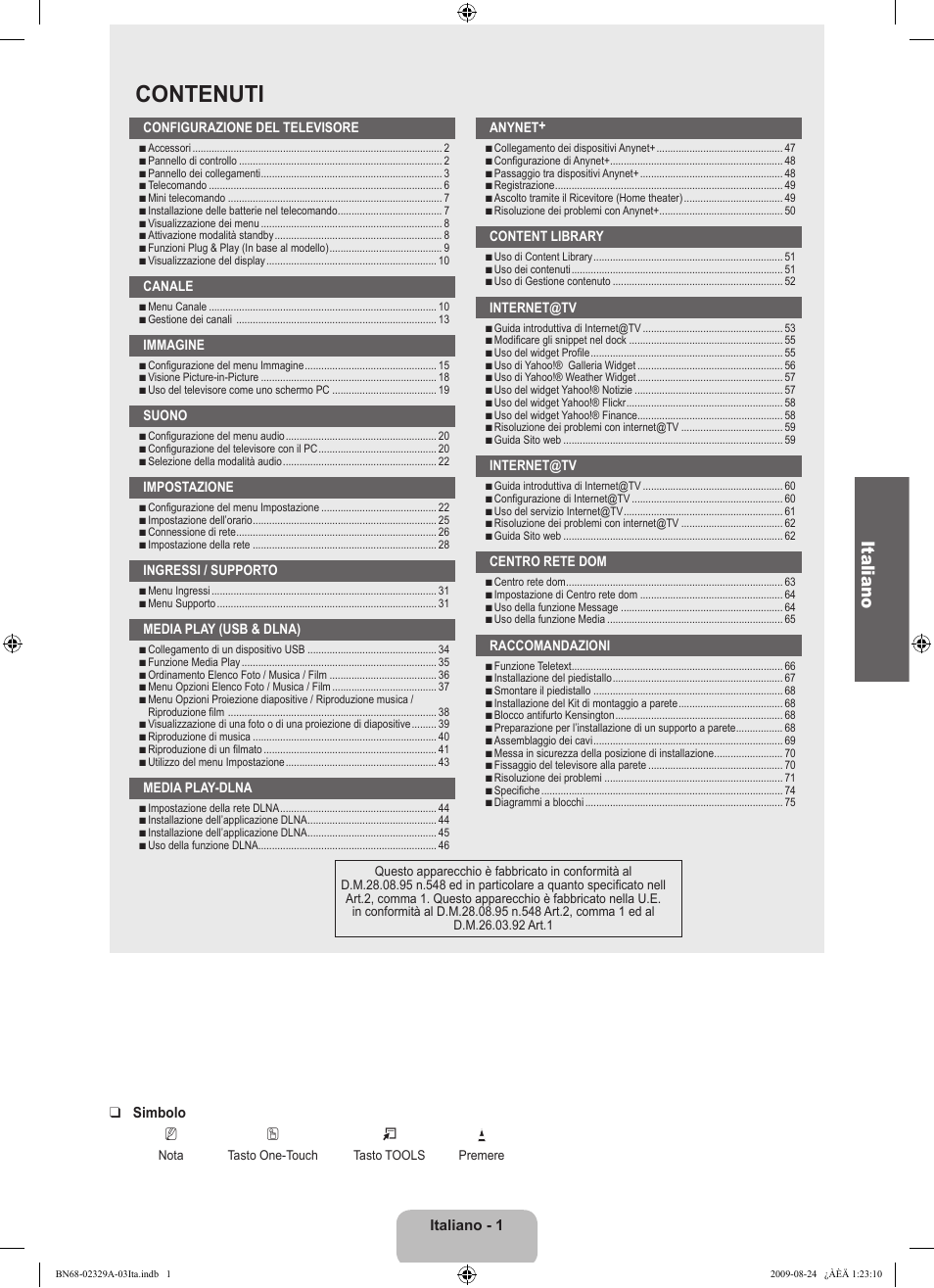 Contenuti, Italiano | Samsung UE40B7020WW User Manual | Page 319 / 704