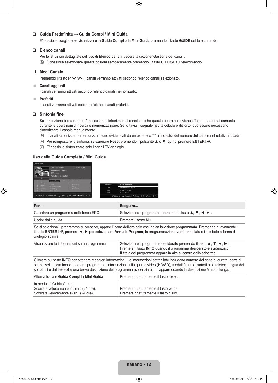 Elenco canali, Mod. canale, Sintonia fine | Uso della guida completa / mini guida | Samsung UE40B7020WW User Manual | Page 330 / 704