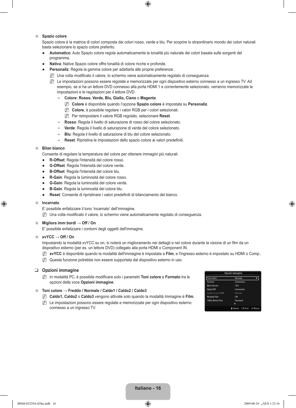 Italiano - 16, Opzioni immagine | Samsung UE40B7020WW User Manual | Page 334 / 704