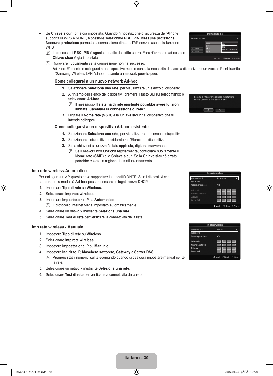 Italiano - 30, Come collegarsi a un nuovo network ad-hoc, Come collegarsi a un dispositivo ad-hoc esistente | Imp rete wireless-automatico, Imp rete wireless - manuale | Samsung UE40B7020WW User Manual | Page 348 / 704