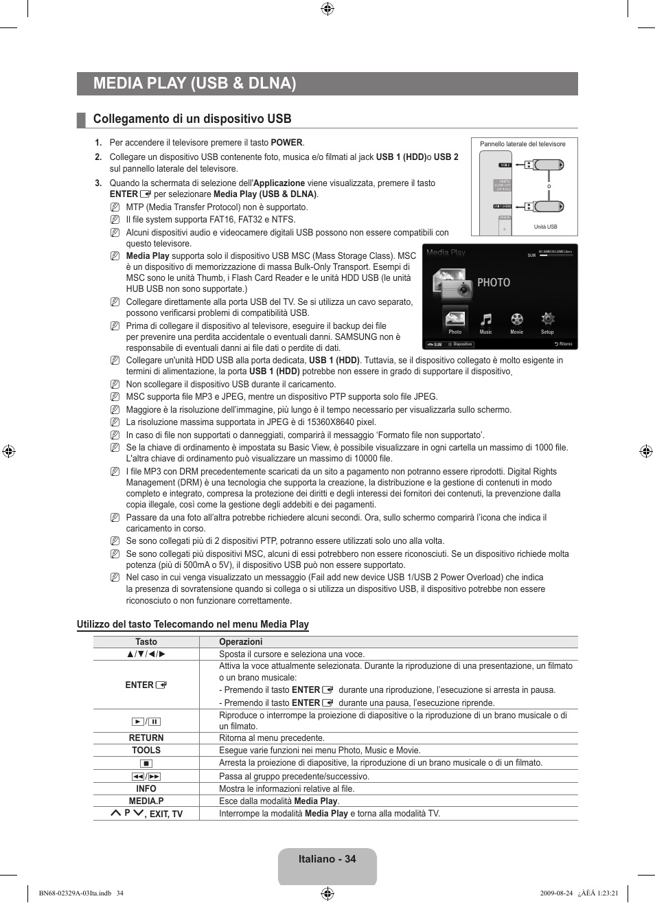Media play (usb & dlna), Collegamento di un dispositivo usb, Photo | Samsung UE40B7020WW User Manual | Page 352 / 704