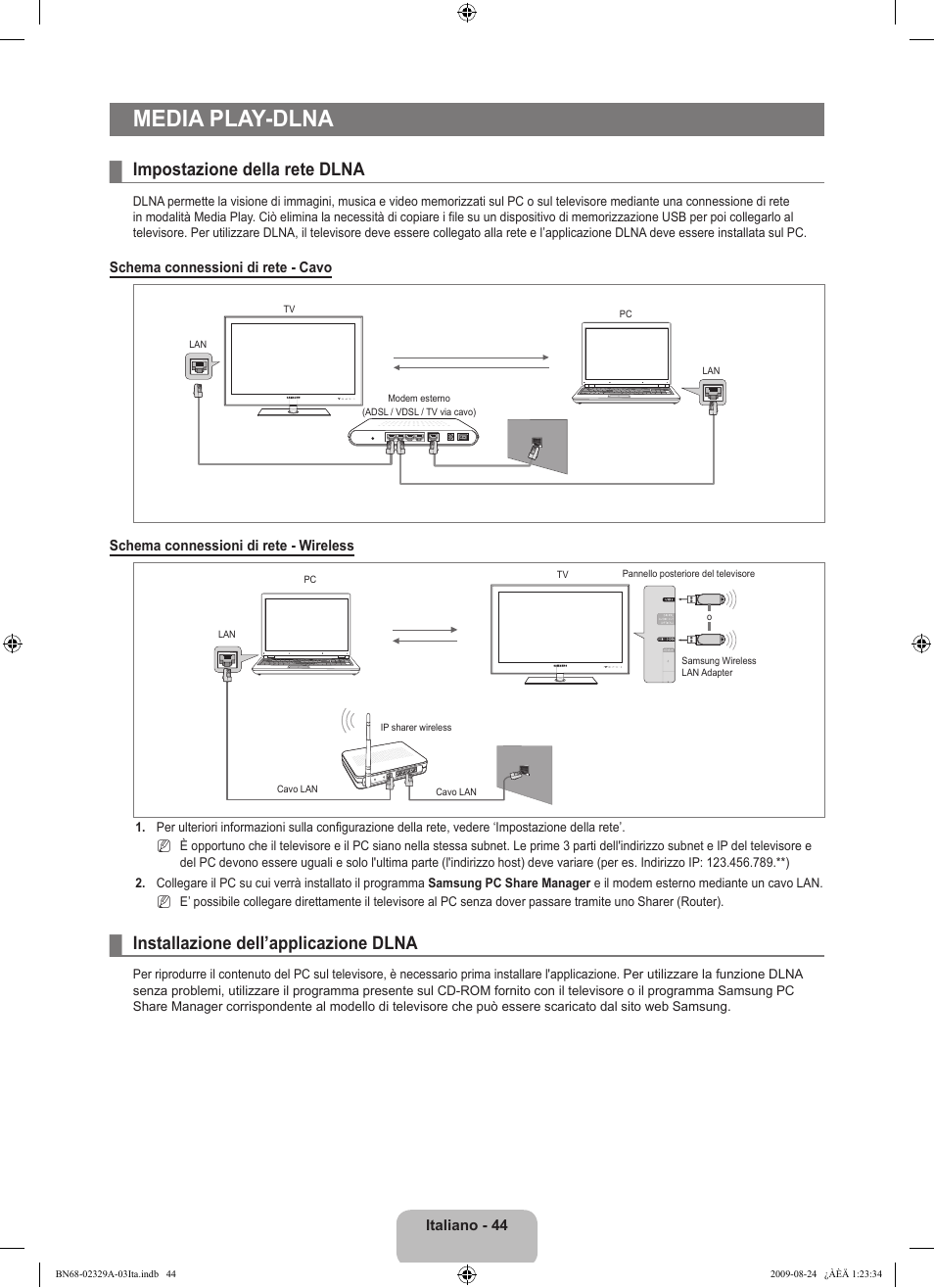 Media play-dlna, Impostazione della rete dlna, Installazione dell’applicazione dlna | Samsung UE40B7020WW User Manual | Page 362 / 704