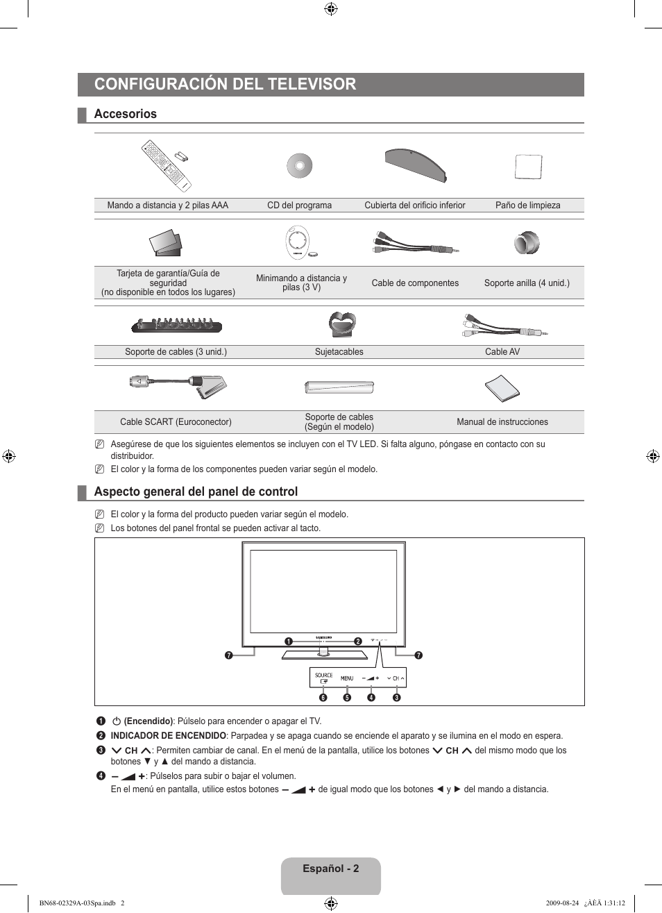 Configuración del televisor, Accesorios, Aspecto general del panel de control | Samsung UE40B7020WW User Manual | Page 396 / 704