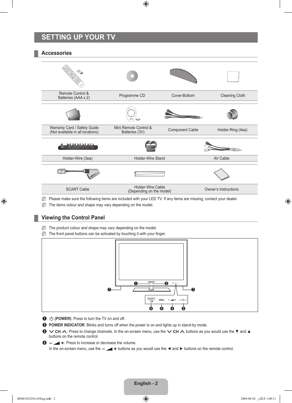 Seting up your tv, Accessories, Viewing the control panel | Setting up your tv | Samsung UE40B7020WW User Manual | Page 4 / 704