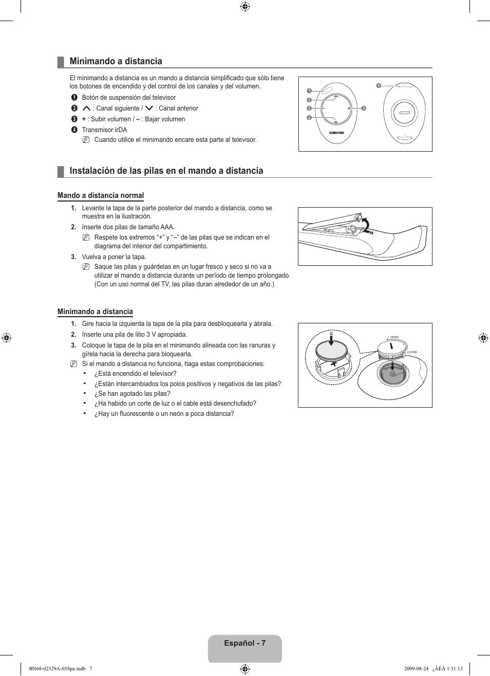 Minimando a distancia, Instalación de las pilas en el mando a distancia | Samsung UE40B7020WW User Manual | Page 401 / 704