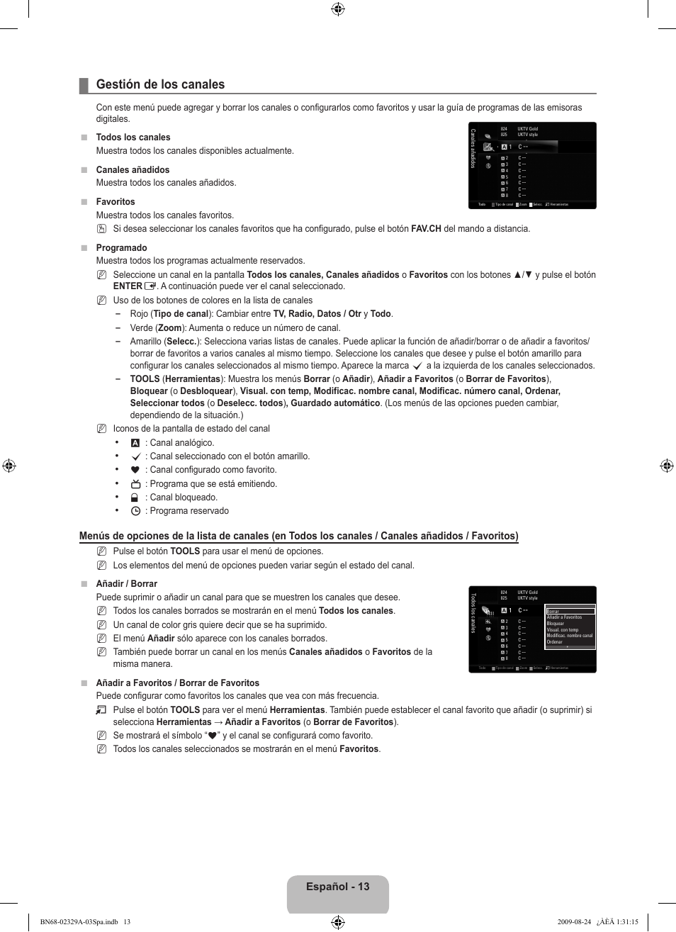 Gestión de los canales, Español - 13 | Samsung UE40B7020WW User Manual | Page 407 / 704