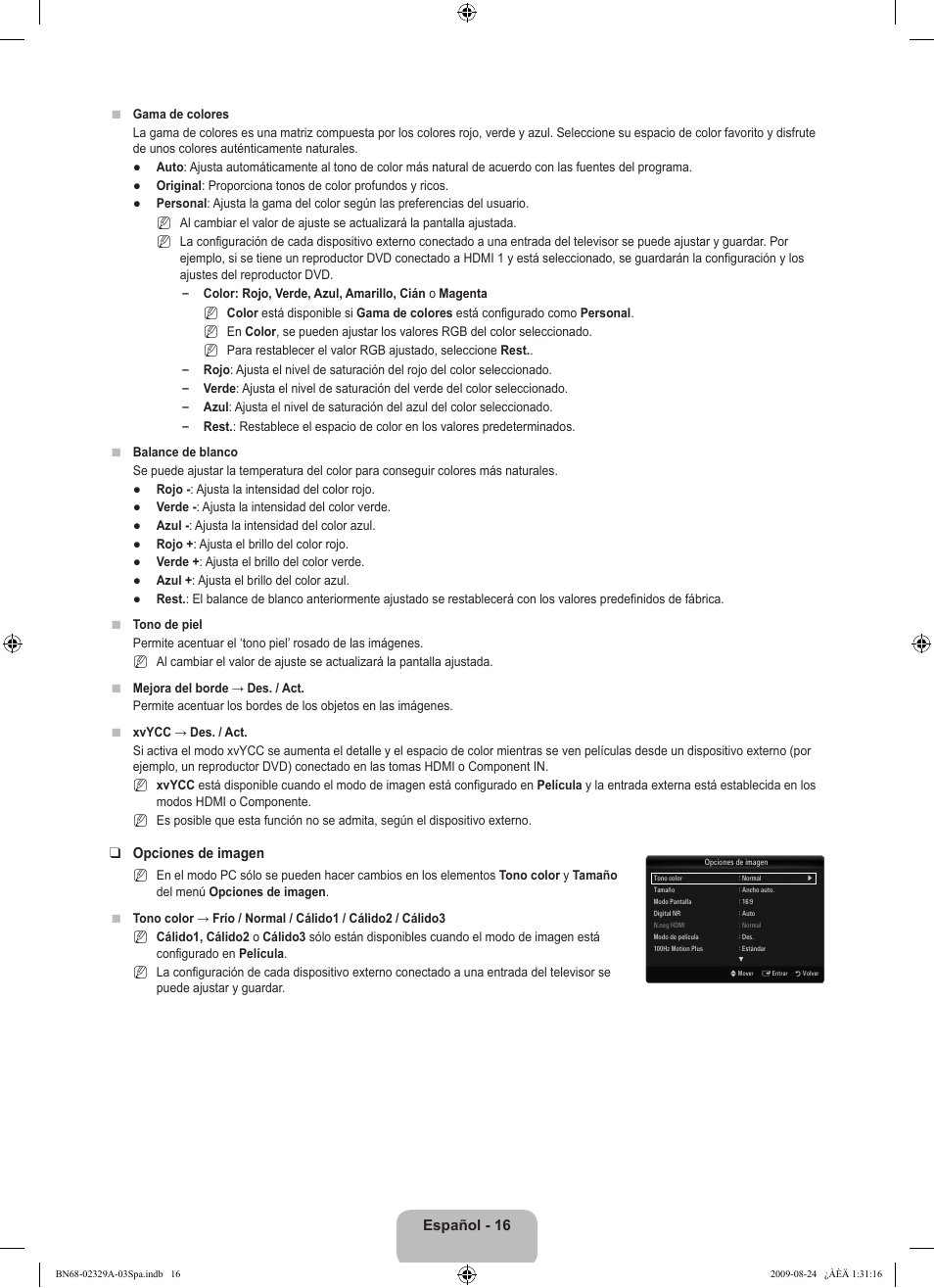 Español - 16, Opciones de imagen | Samsung UE40B7020WW User Manual | Page 410 / 704