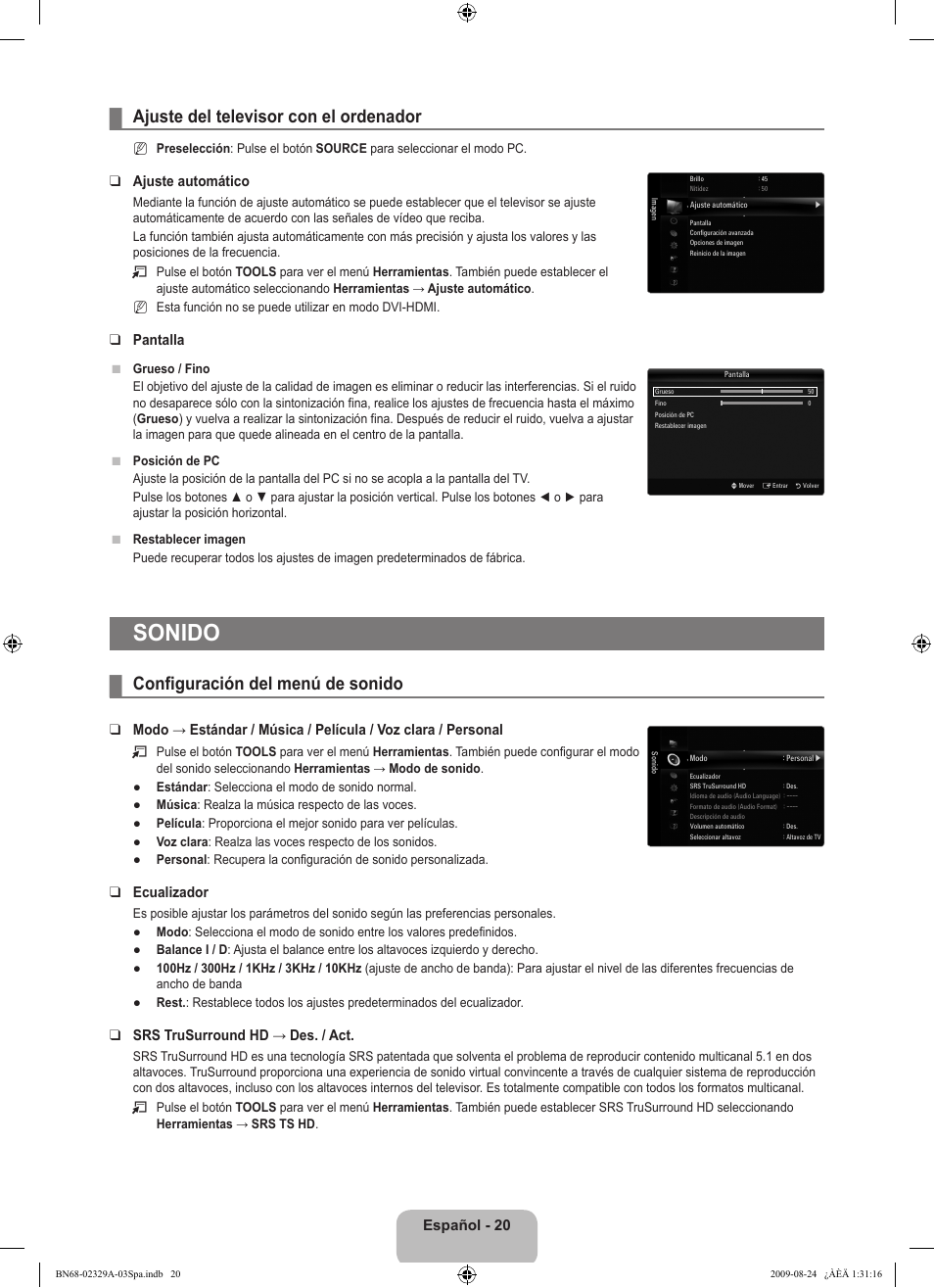 Sonido, Ajuste del televisor con el ordenador, Configuración del menú de sonido | Samsung UE40B7020WW User Manual | Page 414 / 704