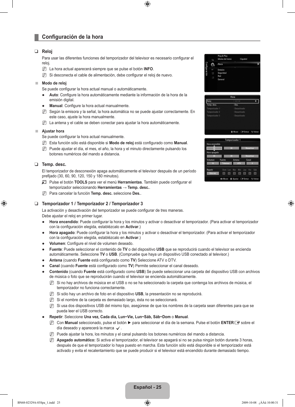 Configuración de la hora, Español - 25, Reloj | Temp. desc, Temporizador 1 / temporizador 2 / temporizador 3 | Samsung UE40B7020WW User Manual | Page 419 / 704